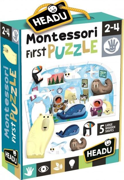 Puzzle Headu Montessori Primul meu puzzle - Polul Nord, 7 piese, 5 figurine lemn