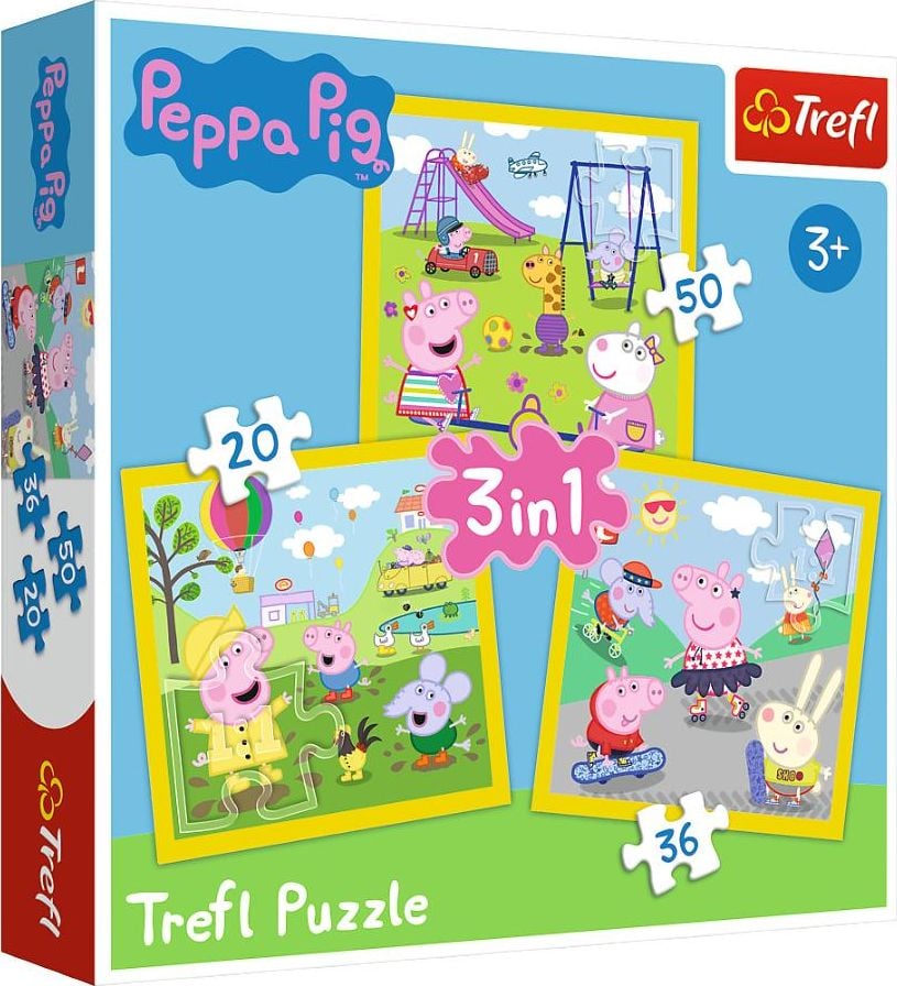 Puzzle Trefl 3 in 1, Peppa Pig, Purcelusii la joaca, 106 piese