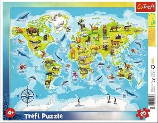 Puzzle Trefl - Harta Lumii cu animale, 25 piese