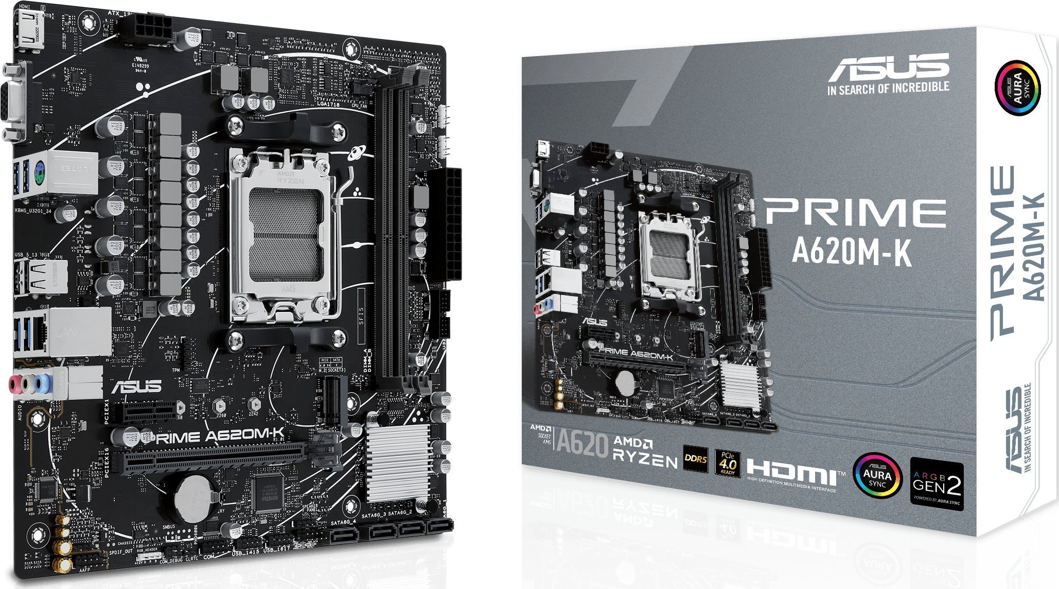 Płyta główna Asus Asus PRIME A620M-K Processor family AMD, Processor socket AM5, DDR5 DIMM, Memory slots 2, Supported hard disk drive interfaces SATA, M.2, Number of SATA connectors 4, Chipset AMD A620, micro-ATX