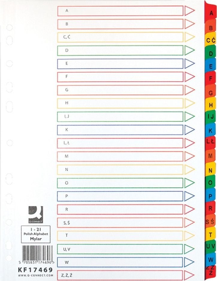 Q-Connect Q-CONNECT Despărțitoare Mylar, carton, A4, 225x297mm, A-Z, 21 carduri, laminat index, amestec de culori