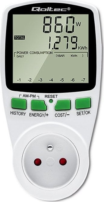 Qoltec Watomierz Licznik zużycia energii PM0627 z historiš pomiaru | 3680W | 16A | LCD