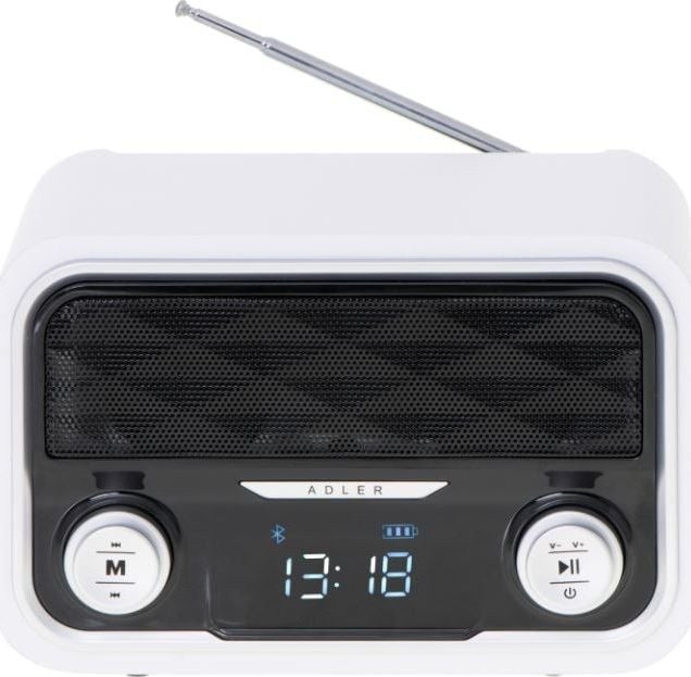 Radio Bluetooth FM ADLER, 50 de statii de memorie, MP3, Port USB si card SD, Fara fir, Portabil, Baterie 1800 mAh, Micro USB, Alb/Negru