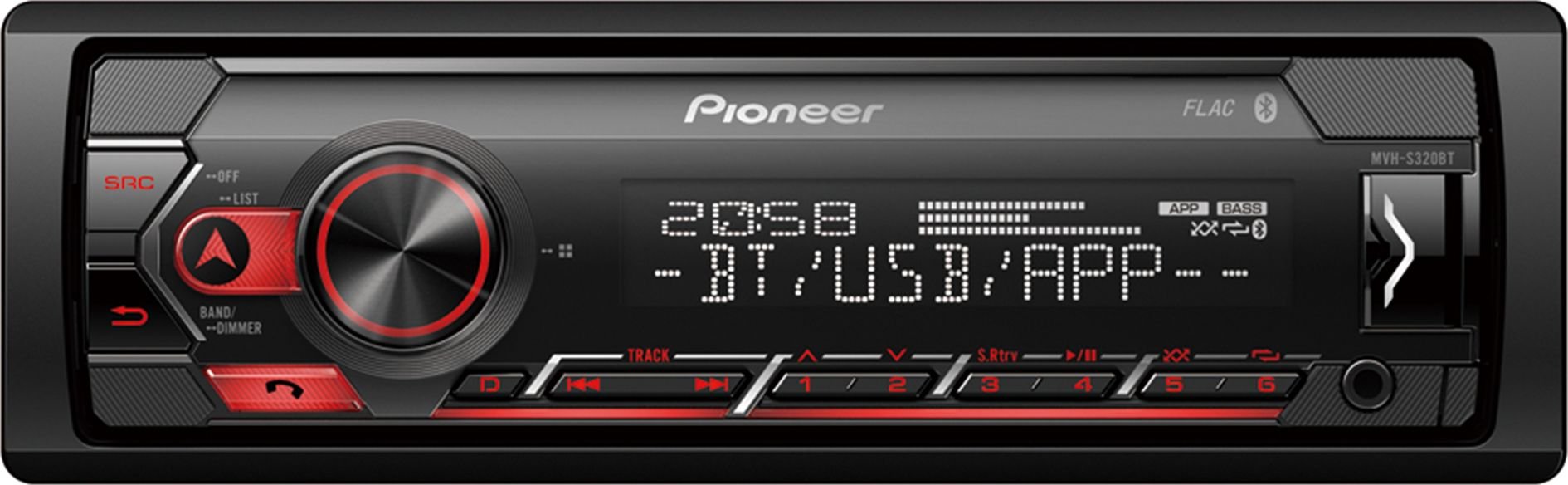 Radio MP3 auto Pioneer MVH-S320BT, 1DIN, Bluetooth, Spotify, 4x50W, USB, compatibil cu dispozitive Android, taste Rosu, display Alb