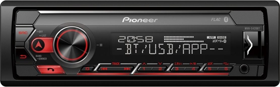Radio MP3 auto Pioneer MVH-S420BT, 1DIN, Bluetooth, Spotify, 4x50W, USB, compatibil cu dispozitive Apple/Android, taste Rosu, display Alb