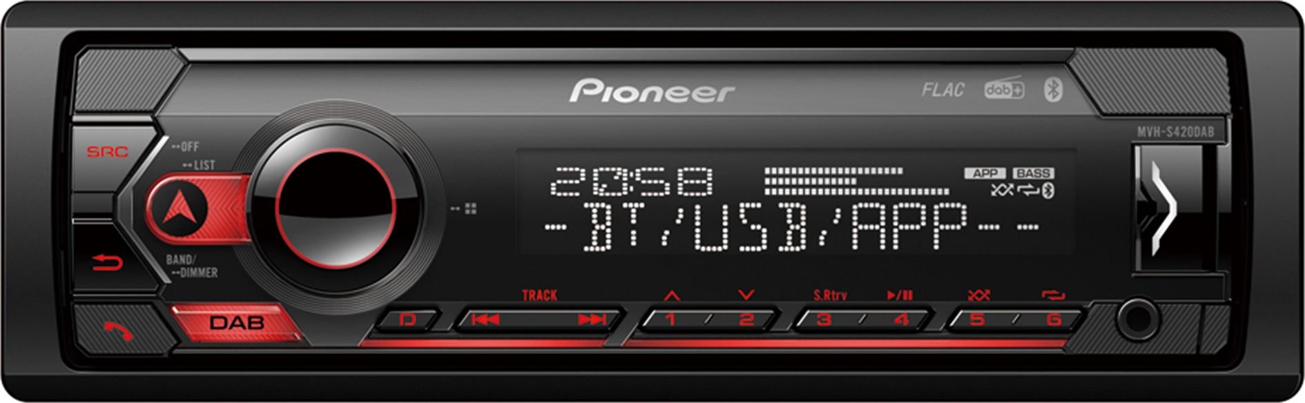 Radio MP3 auto Pioneer MVH-S420DAB, 1DIN, Bluetooth, DAB/DAB+, Spotify, 4x50W, USB, compatibil cu dispozitive Apple/Android, taste Rosu, display Alb