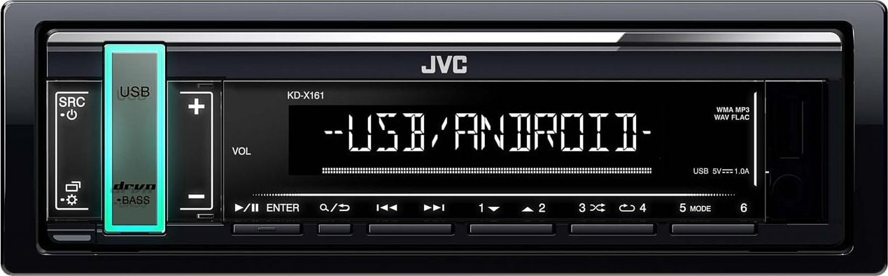 Radio, CD, DVD player auto - Radio receptor media digital JVC KDX161, 1DIN fara CD, USB (1A), Compatibil cu AndroidTM, Iluminare taste: variabila