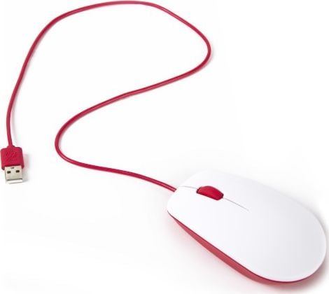 Mouse Raspberry Pi Pi Model 4B/3B+/3B/2B, Optic, USB, cu fir, 3 butoane, Alb-Rosu