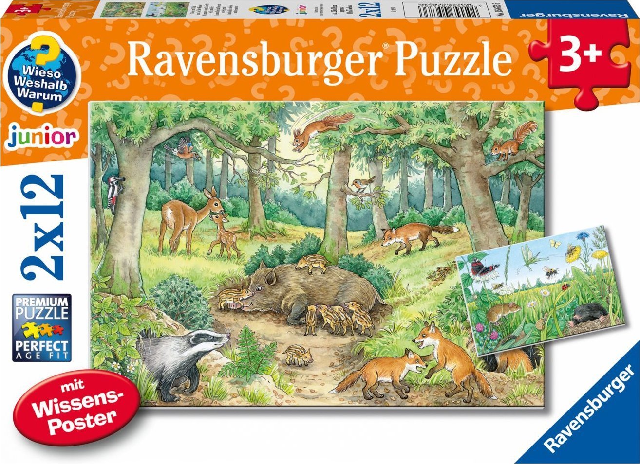 Ravensburger Ravensburger De ce? Pentru ce motiv? De ce? Animale în pădure și pe pajiște, puzzle (2x 12 părți, cu poster de cunoștințe)