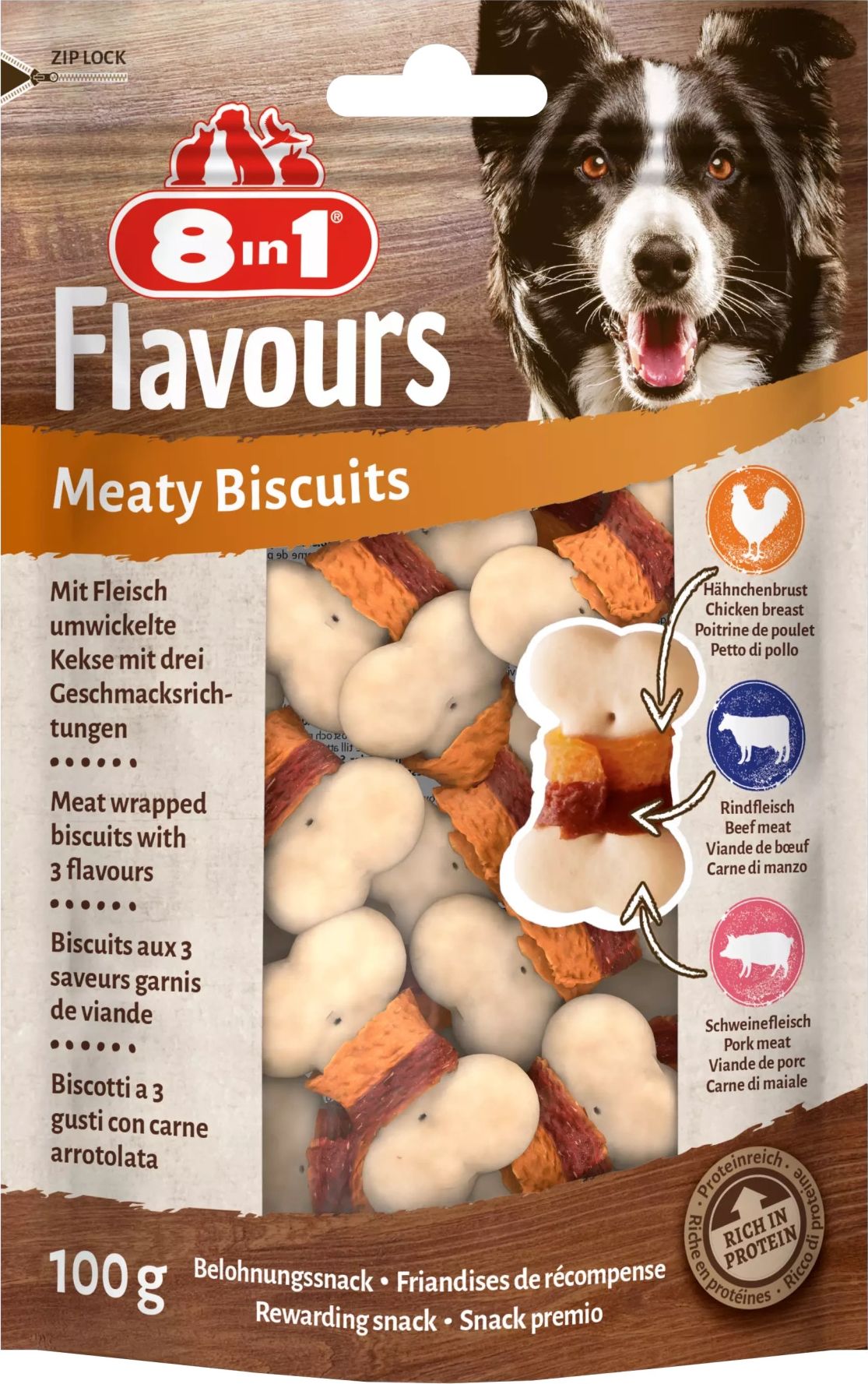 Recompense pentru caini 8in1 FLAVOURS Meaty Biscuits 100g
