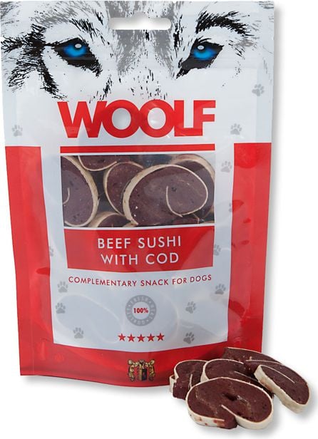 Recompense pentru caini Woolf sushi de vita cu cod 100g