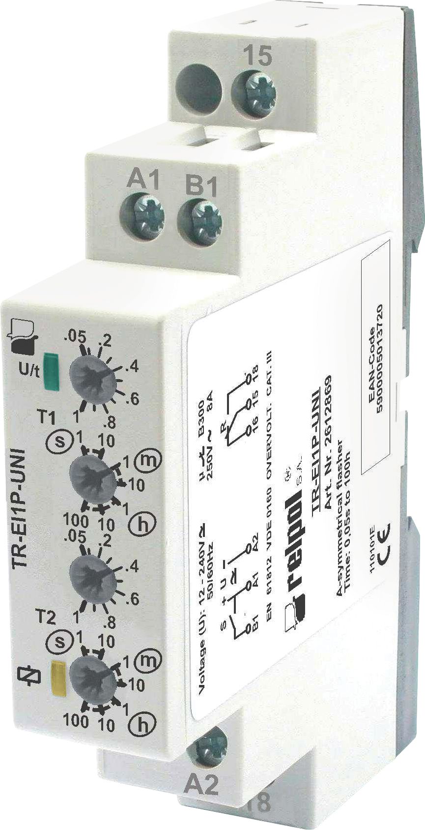 Releu temporizator TR-UNI-EI1P multifuncțional 1P 8A 1s - 100 h 12 - 240V AC / DC (2612869)