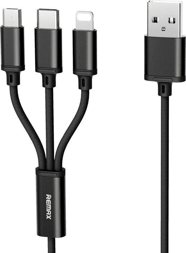 Remax USB-A - USB-C + microUSB + cablu Lightning 1,1 m Negru (31957)