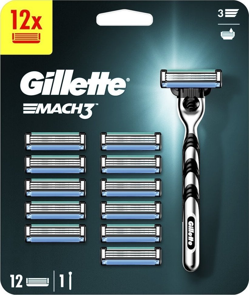 Set Gillette Mach3: aparat de ras, 1 buc + capete de ras, 12 buc,Reutilizabil, Pentru bărbați