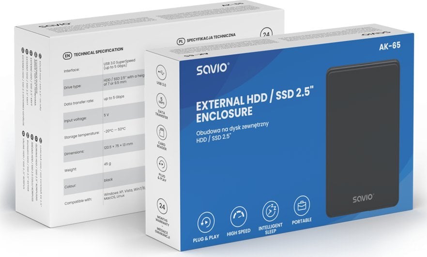 Accesorii hard disk-uri externe - Savio Zewnętrzna obudowa na dysk HDD/SDD 2,5 cala, USB 3.0, AK-65