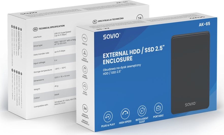 Savio Zewnętrzna obudowa na dysk HDD/SDD 2,5 cala, USB 3.0, AK-65