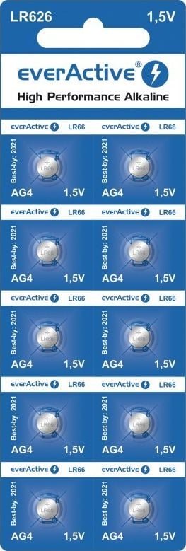 Set 10 bucati baterie plata pentru ceas, Everactive ag4 g4 lr626 lr66 bl166 1.5v alkaline