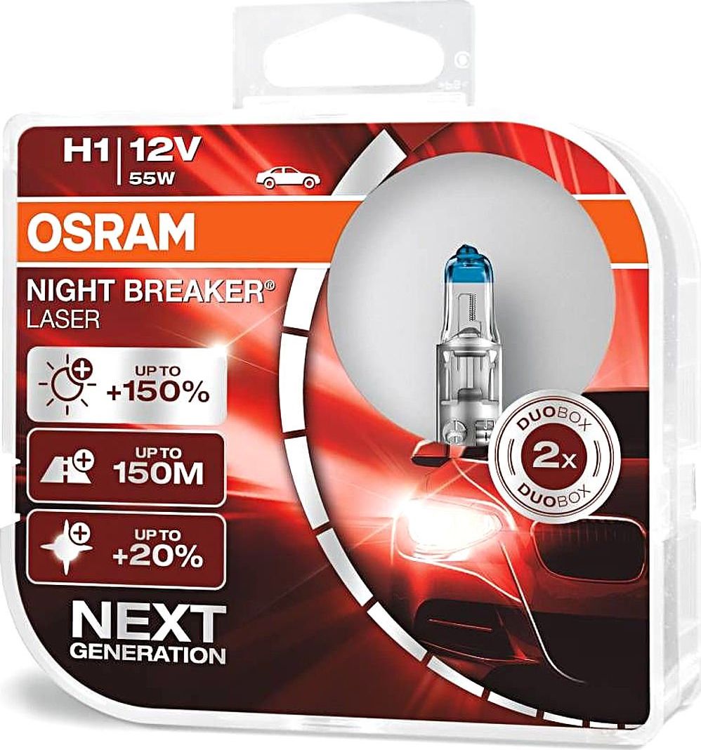 Set 2 becuri auto cu halogen Osram H1 Night Breaker Laser Next Gen +150%, 55W, 12V, P14.5S
