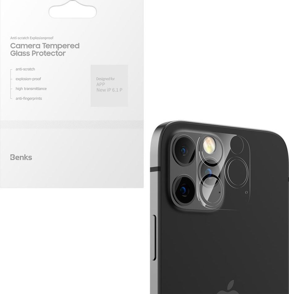 Folii protectie telefoane - Set 2 folii de protectie camera Benks KR pentru iPhone 12 Pro, 0.15mm, Sticla securizata, Transparent