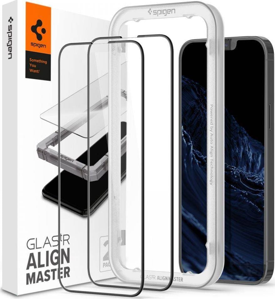 Set 2 folii sticla cu sistem de montare Case friendly Spigen ALM Glass FC compatibila cu iPhone 13 Pro Max / 14 Plus Black