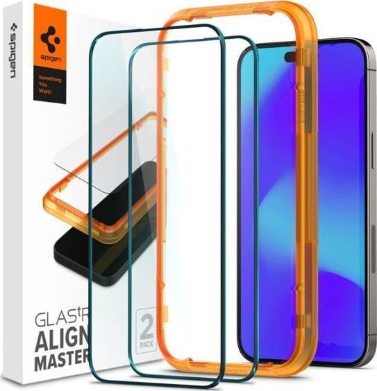 Set 2 folii sticla cu sistem de montare Case friendly Spigen ALM Glass FC compatibila cu iPhone 14 Pro Black
