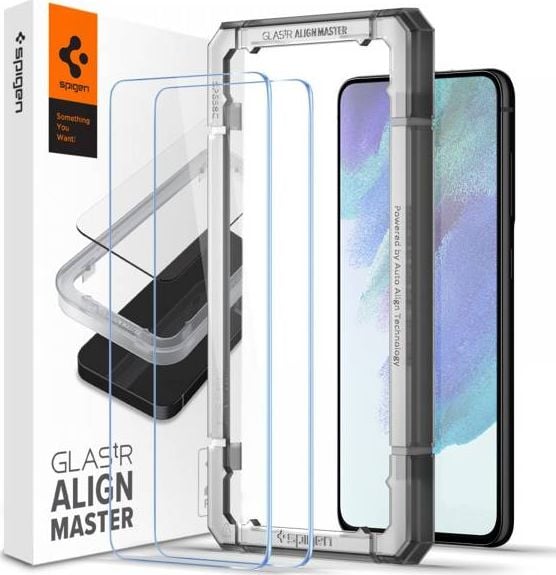 Set 2 folii sticla transparenta cu sistem de montare Case friendly Spigen ALM GLAS.tR compatibil cu Samsung Galaxy S21 FE 5G
