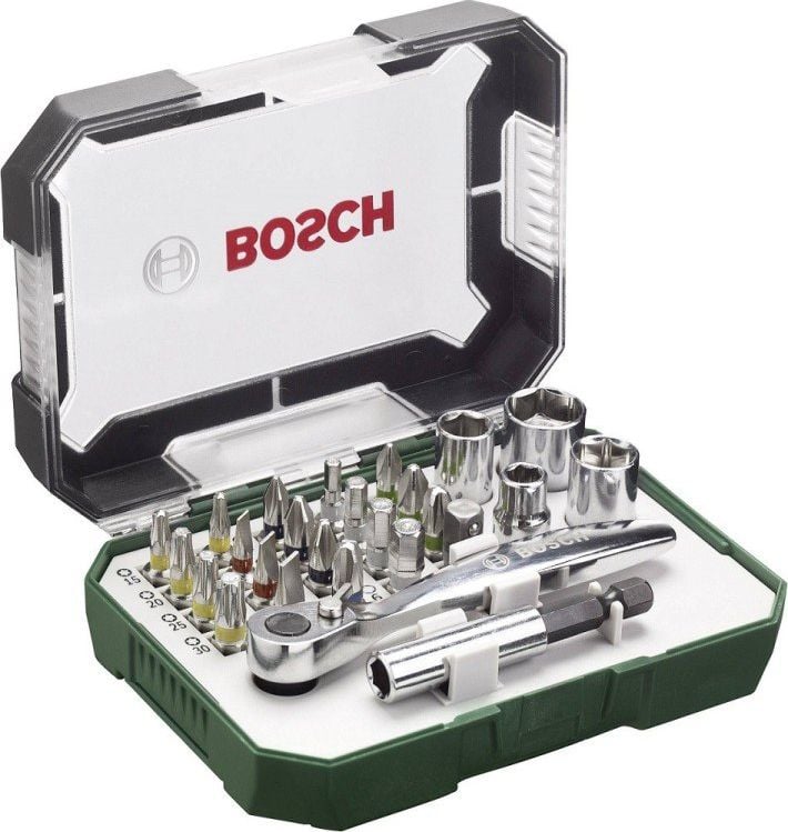 Set 26 accesorii Bosch, biti, suport universal, 4 chei tubulare, adaptor chei tubulare, cheie clichet