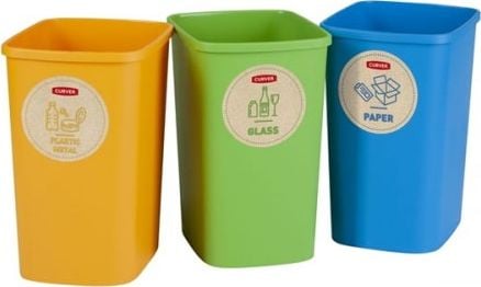 Set 3 cosuri pentru gunoi fara capac capacitate Curver Eco Friendly, 25L, plastic, 32.5x25x49cm, mix 3 culori pentru reciclarea deseurilor