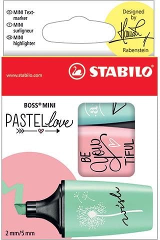 Markere - Set 3 Markere Stabilo Boss Mini Pastel Love, cutie cu agatatoare, Verde/Roz/Bleu