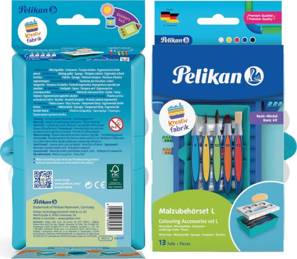 Set accesorii Pelikan, pentru pictura, baza pentru set kreativ, incl. 5 pensule griffix, 5 tuburi acuarele tempera, burete, recipient apa, paleta de mixare