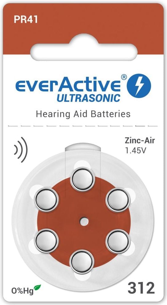 Set Baterii EverActive Ultrasonic 312 PR41 DA312 Zinc-Aer 1.45V Pentru Aparate Auditive 6 buc.