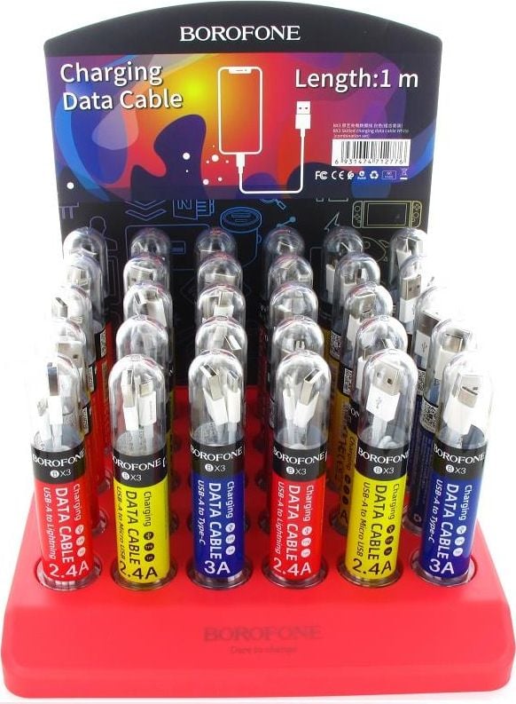 Set cabluri ambalate, Borofone, 10xLightning, 10xUSB-C, 10xUSB, Multicolor