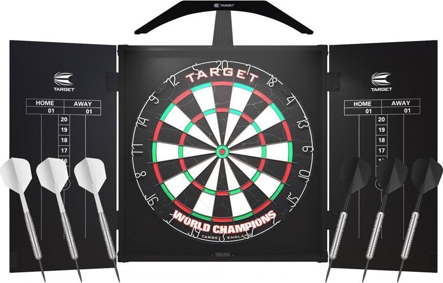 Set complet de darts Arc Cabinet Target cu tinta, 2 seturi de sageti, cabinet lemn si sistem de iluminare incluse, 50 x 60 cm