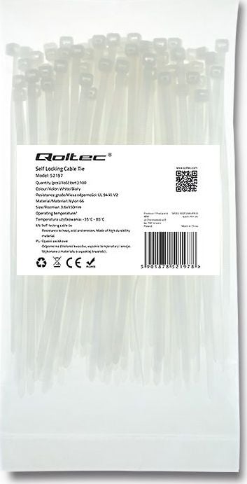 Set cu benzi zimtate din plastic pentru fixare cabluri , Qoltec , 3.6*100 nylon UV 100 bucati , alb