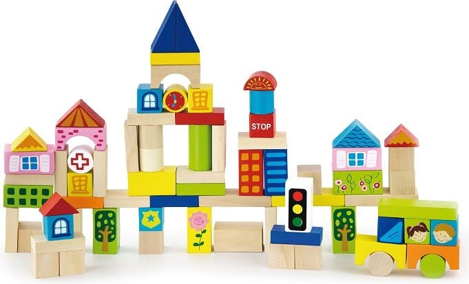 Set cuburi de jucarie pentru copii, Viga Toys, 75 Piese, City Blocks, lemn, 2 ani +