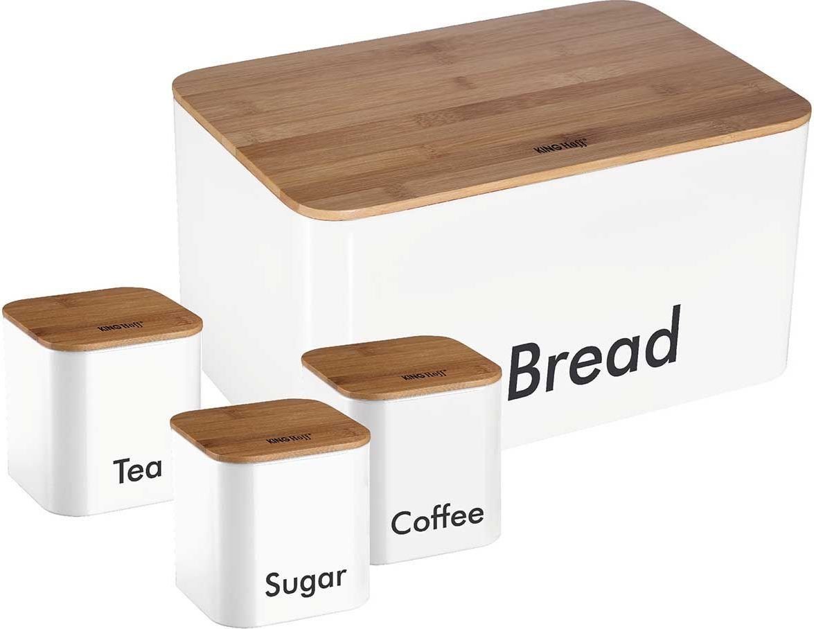 Cutii alimentare - Set cutie pentru paine si 3 recipiente KingHoff KH-1026, capac din bambus, alb