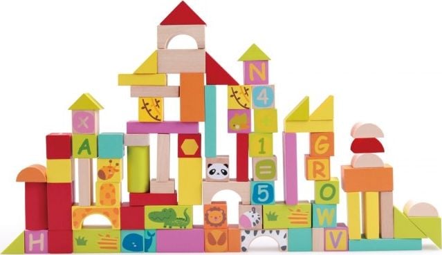 Set de blocuri din lemn, Classic World, multicolor, 100 piese
