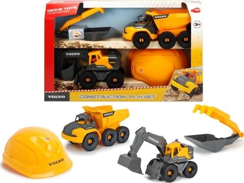 Set de constructii Volvo, Excavator, Basculta, Casca, Lopata si Grebla, Portocaliu, Dickie Toys