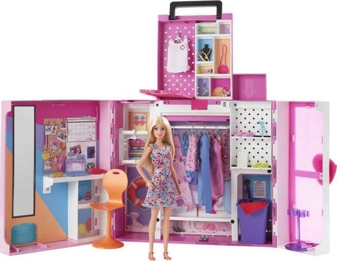 Set de joaca Barbie Fashionista Dressing de vis cu 2 nivele, 35 accesorii, si o papusa, 46 x 33 x 14 cm