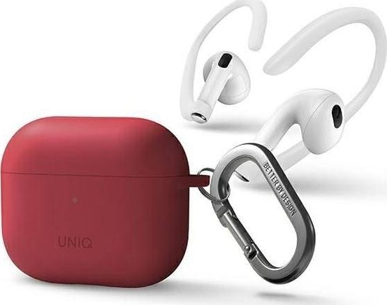 Set husa + 2 suporturi casti pentru Nexo AirPods 3, Uniq, Silicon/aluminiu, Coral/alb