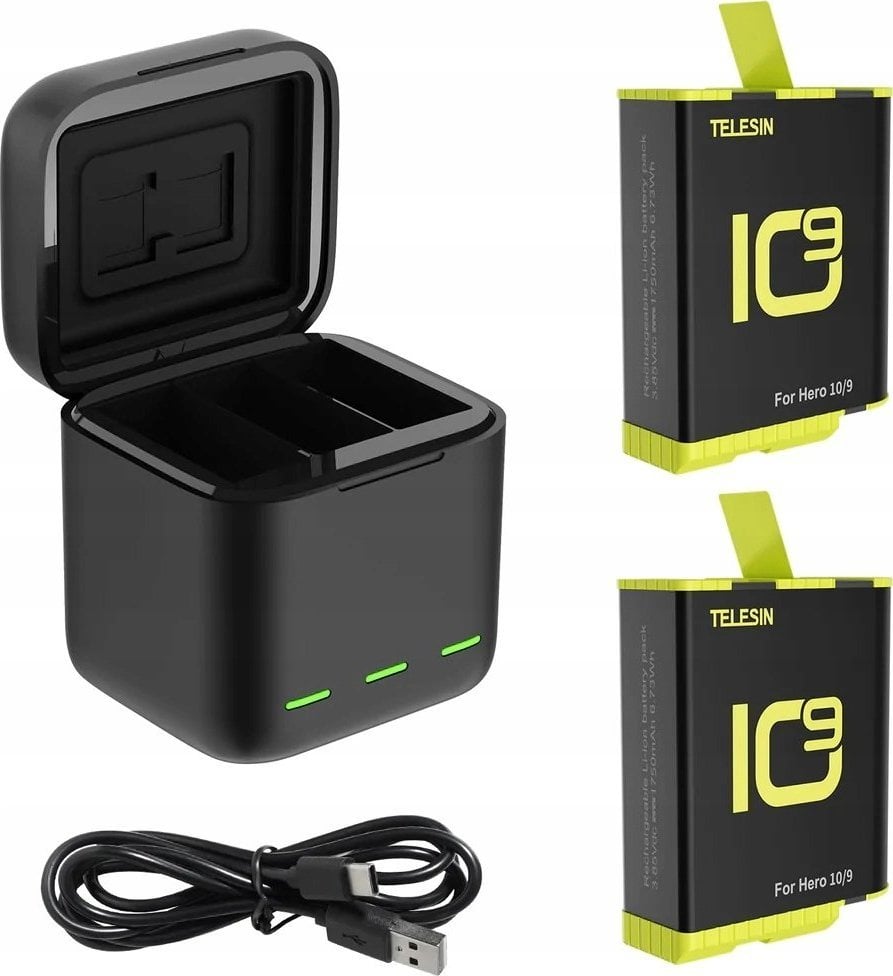 Set incarcator tip carcasa si 2 acumulatoare camera video sport Telesin pentru GoPro Hero9/Hero10 Black, Cablu USB inclus, Negru
