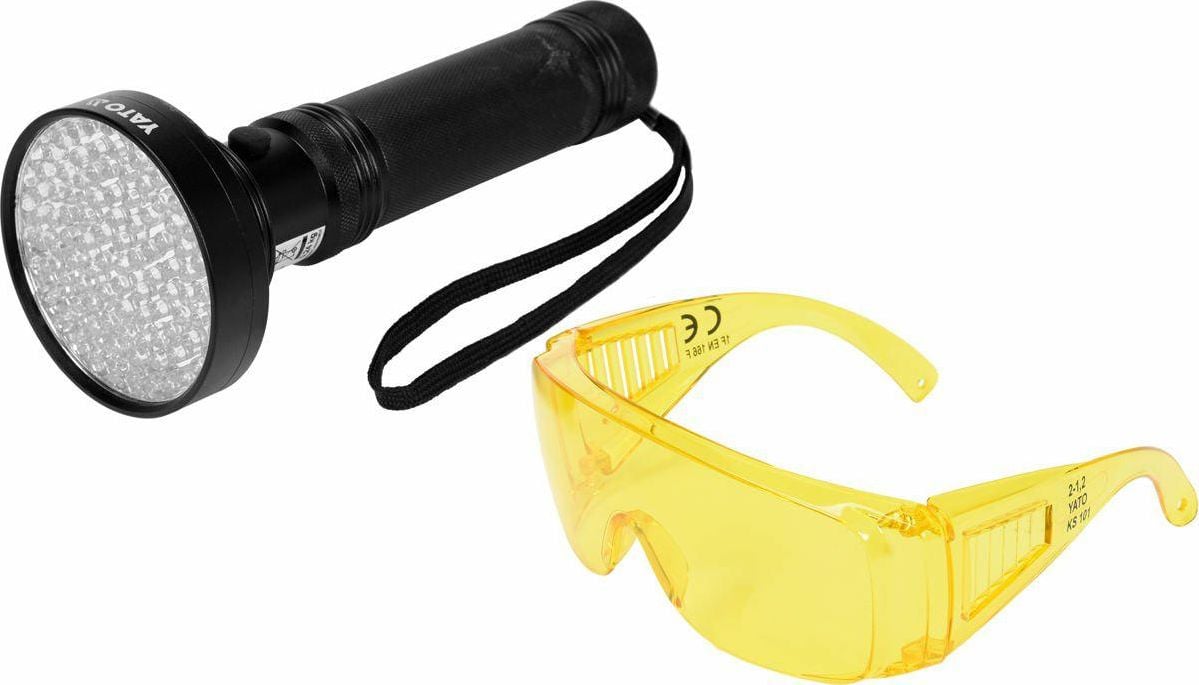 Set lanterna UV si ochelari de protectie YATO YT-08582, Aluminiu, 100 LED-uri, 19.5 x 7.8 cm, Negru/Galben