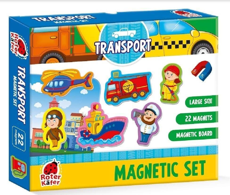 Set magnetic Mijloace de Transport cu Plansa magnetica inclusa, 22 piese, Roter Kafer