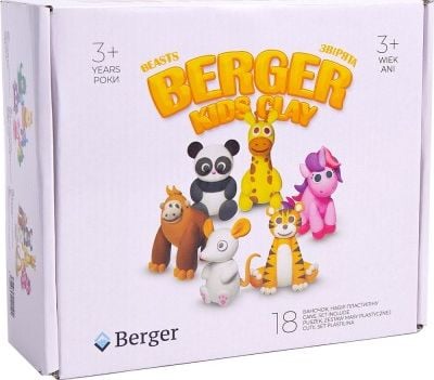 Set plastilina inteligenta Berger Kids Clay , 18 cutii, pasta de modelat, certificat non-toxic, Animale, 270 g