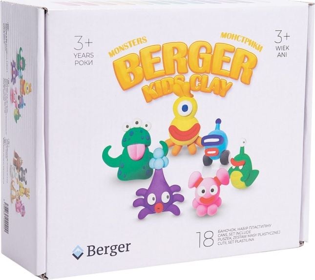 Set plastilina inteligenta Berger Kids Clay , 18 cutii , pasta de modelat, modelatoare, certificat non-toxic, Monsters, 270 g