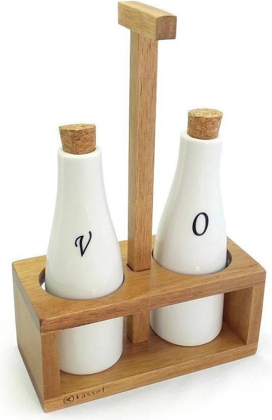 Set recipiente pentru ulei si otet Kassel, 3 piese, suport lemn de salcam, recipiente portelan
