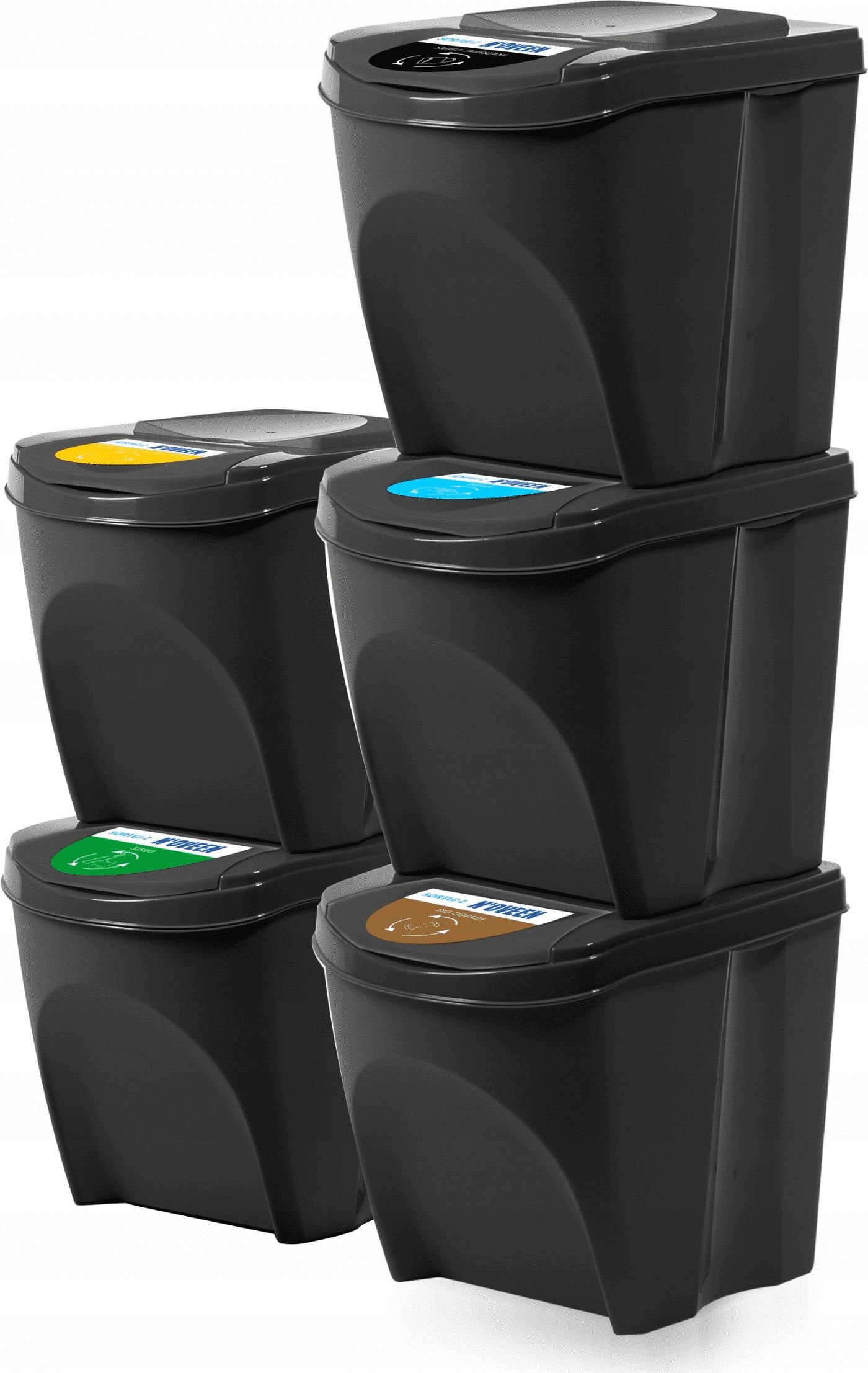 Cosuri de gunoi - Set Recipiente plastic pentru reciclare selectiva, Noveen 5 x 25L, Negru
