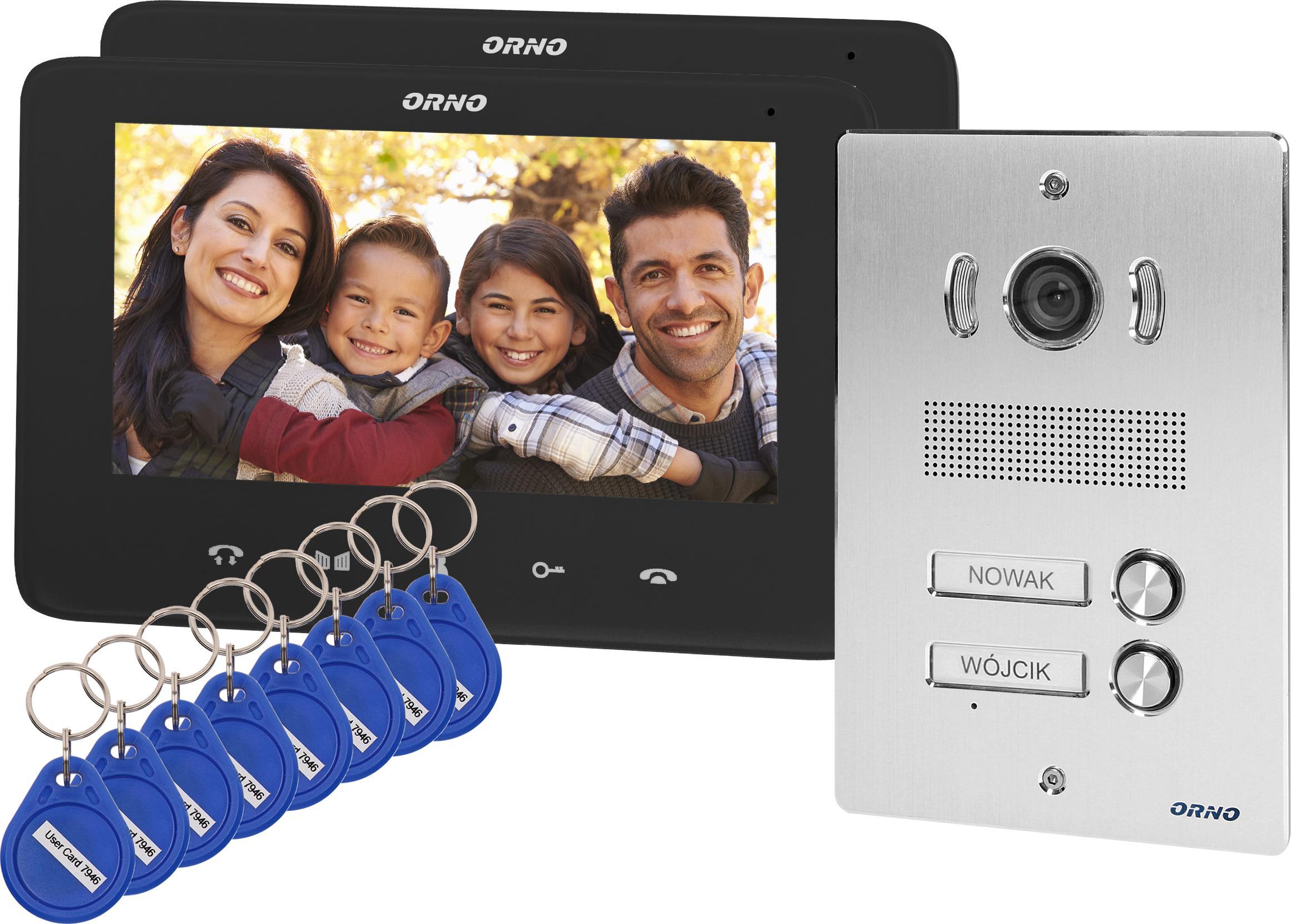 Set videointerfon handsfree Orno pentru 2 familii, color, LCD 7`, cu cititor de chei de proximitate, interfon încastrat, INDI MULTI P
