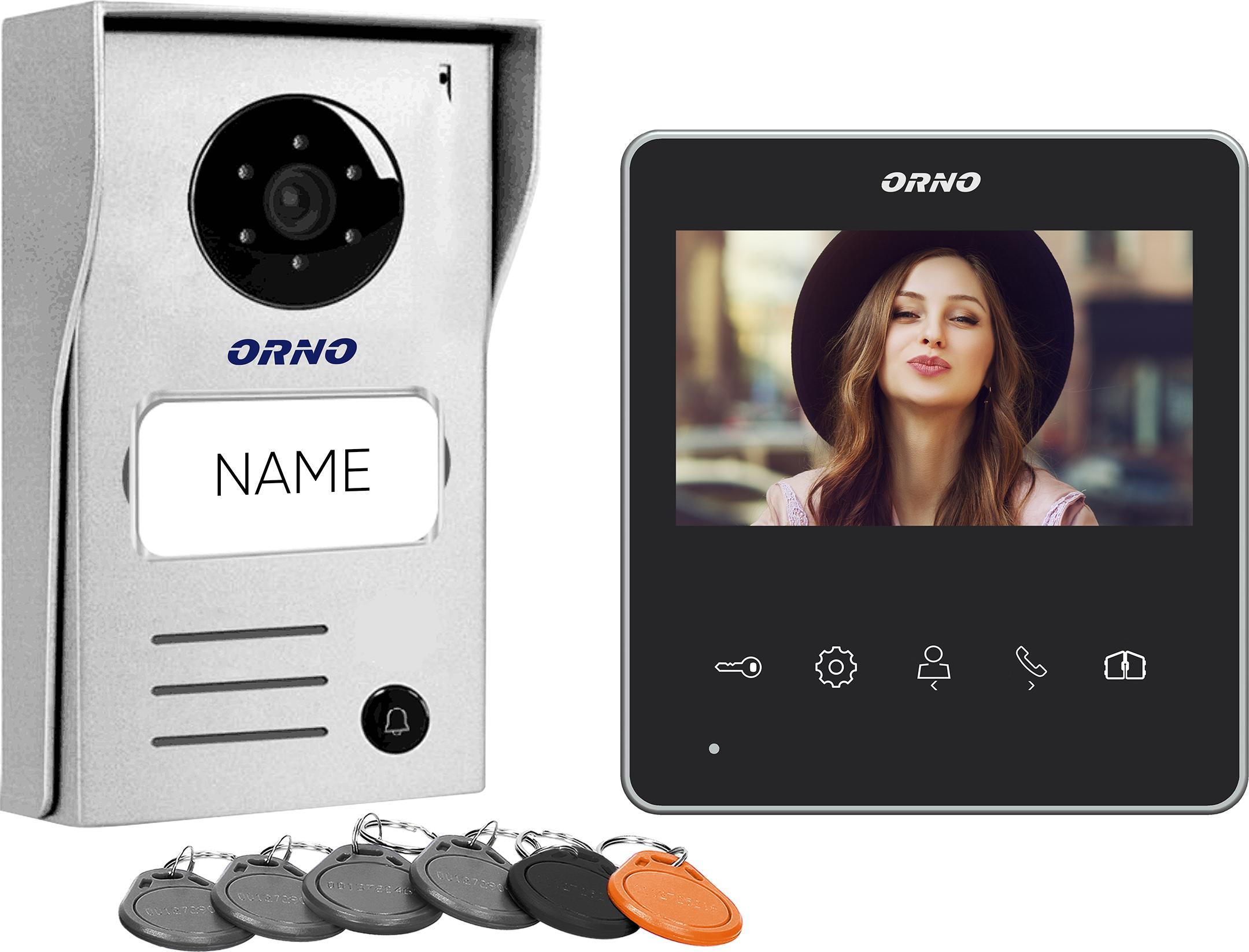 Set videointerfon Orno cu 2 fire handsfree, color, LCD de 4,3 inchi, cu cititor de chei de proximitate, negru, NAOS RFID
