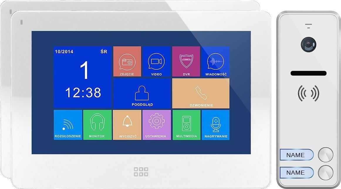 Set videointerfon Orno pentru 2 familii, handsfree color, LCD 7`, ecran tactil, meniu OSD, memorie, slot pentru card SD, DVR, control poarta, alb, FELIS MEMO MULTI2